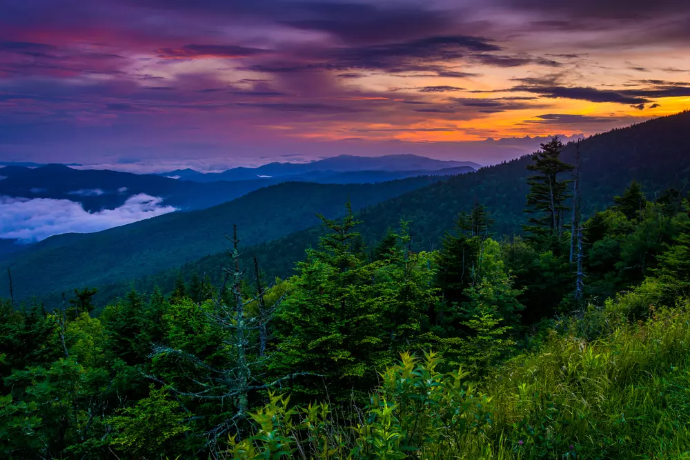 view of the smoky mountains at sunset