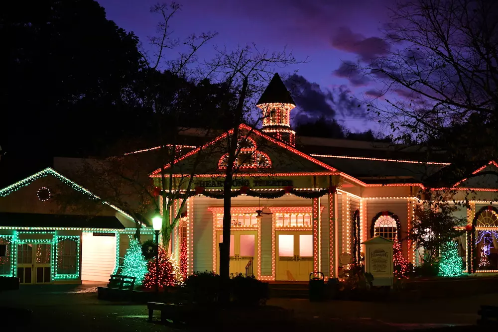 Evening Christmas lights at Dollywood's Smoky Mountain Christmas in Pigeon Forge